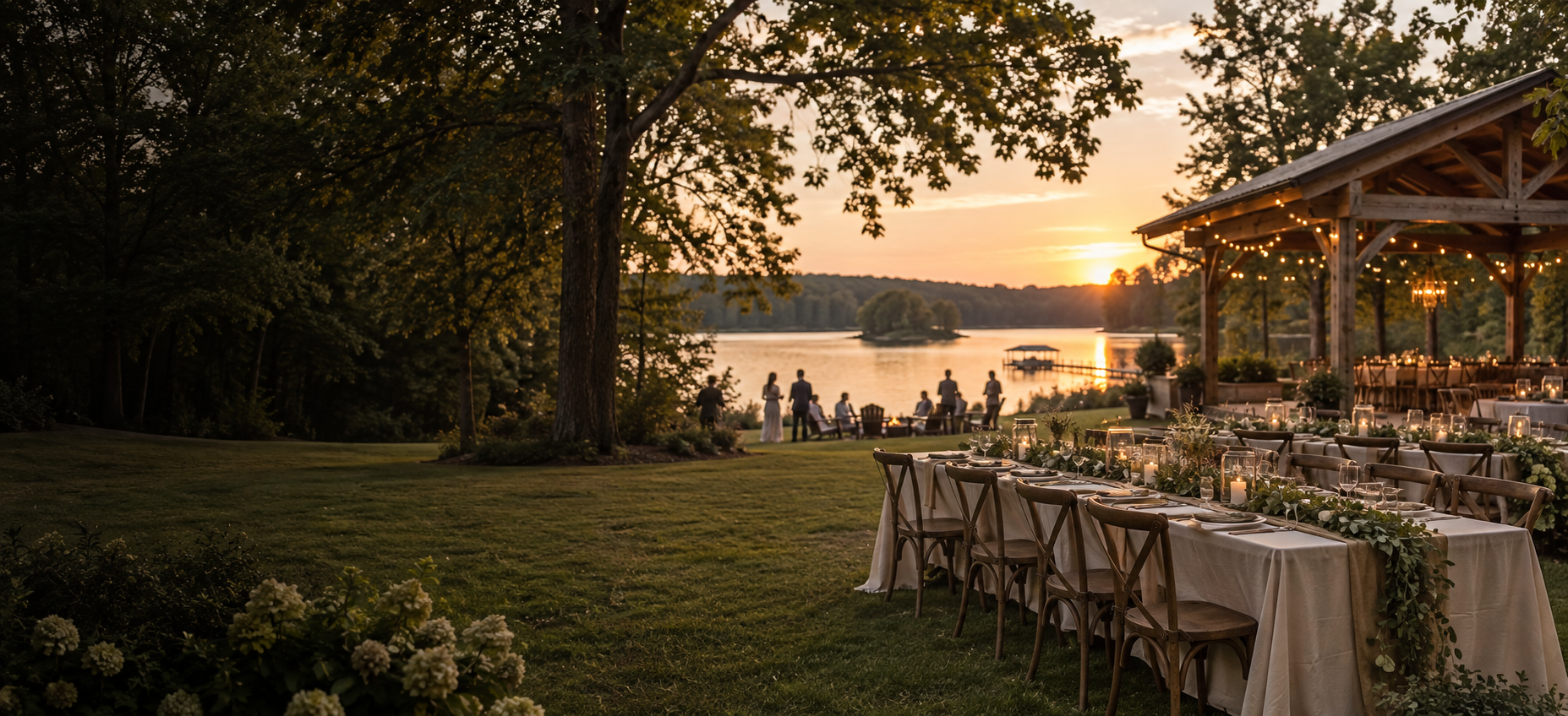 Conceptual lakeside celebration at sunset
